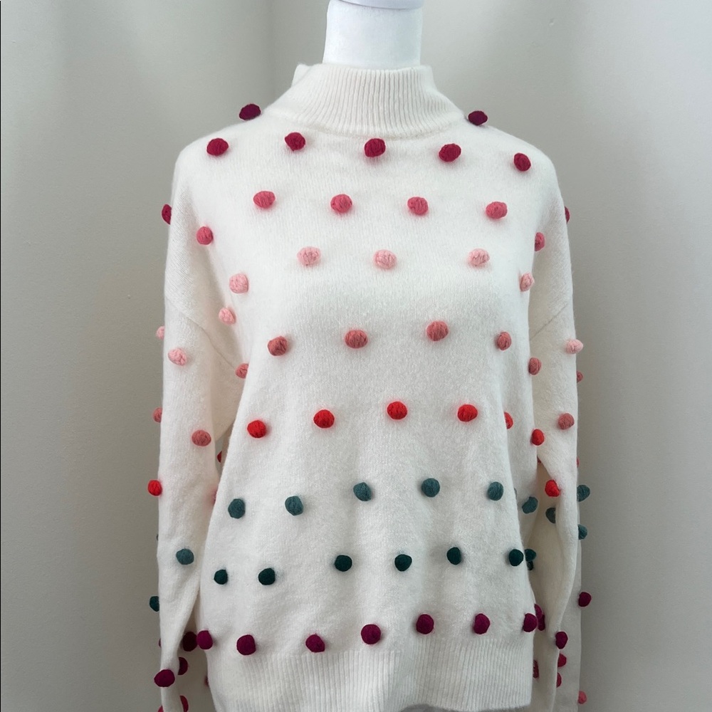 Women's Sweater - White/Ivory with Multicolor PomPoms